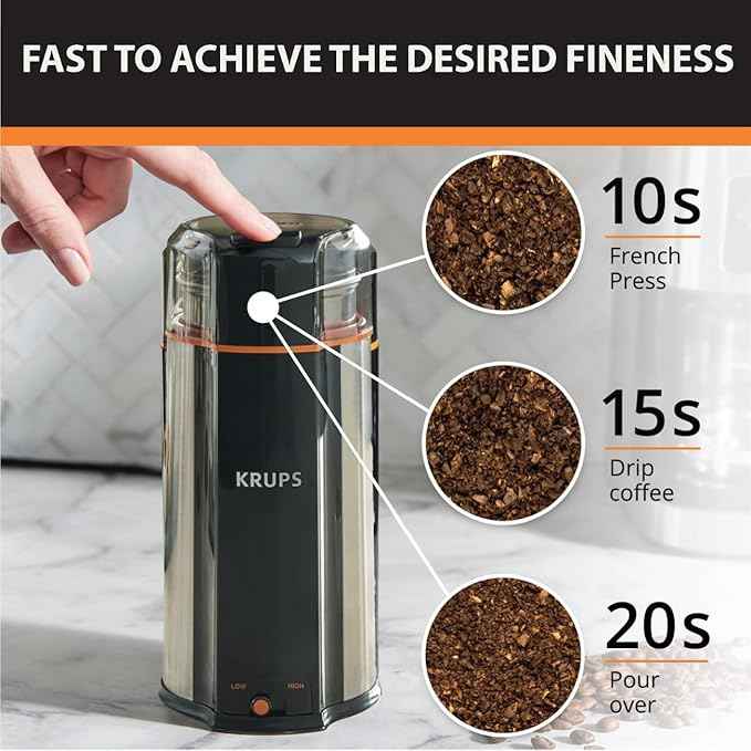 KRUPS: 3oz Coffee Grinder, Ultimate Silent Vortex Plastic and Stainless Steel Grinder with Removable Bowl Mess-Free, 8 Times Quieter, 2 Speeds 240 Watts,Dry Herbs,Dishwasher Safe,12 cups ground Silver