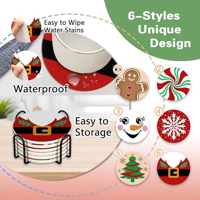 Christmas Cute Drink Coasters with Holder Set of 6, Xmas Tree Santa Claus Absorbent Ceramic Cup Mat for Coffee Table Protection, 4 Inches Winter Holiday Home Kitchen Decor Housewarming Gifts