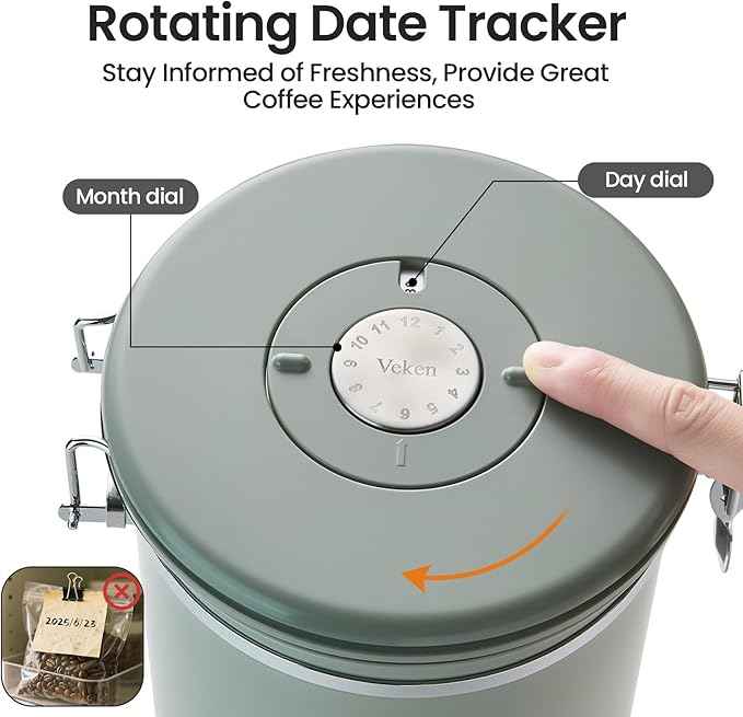 Veken Coffee Canister, 39OZ Large, Airtight Stainless Steel Food Storage Container for 2.2lbs Coffee Beans, Ground, Sugar, Tea, Flour, Cereal, Kitchen Bar Accessories with Date Tracker & Scoop, Green