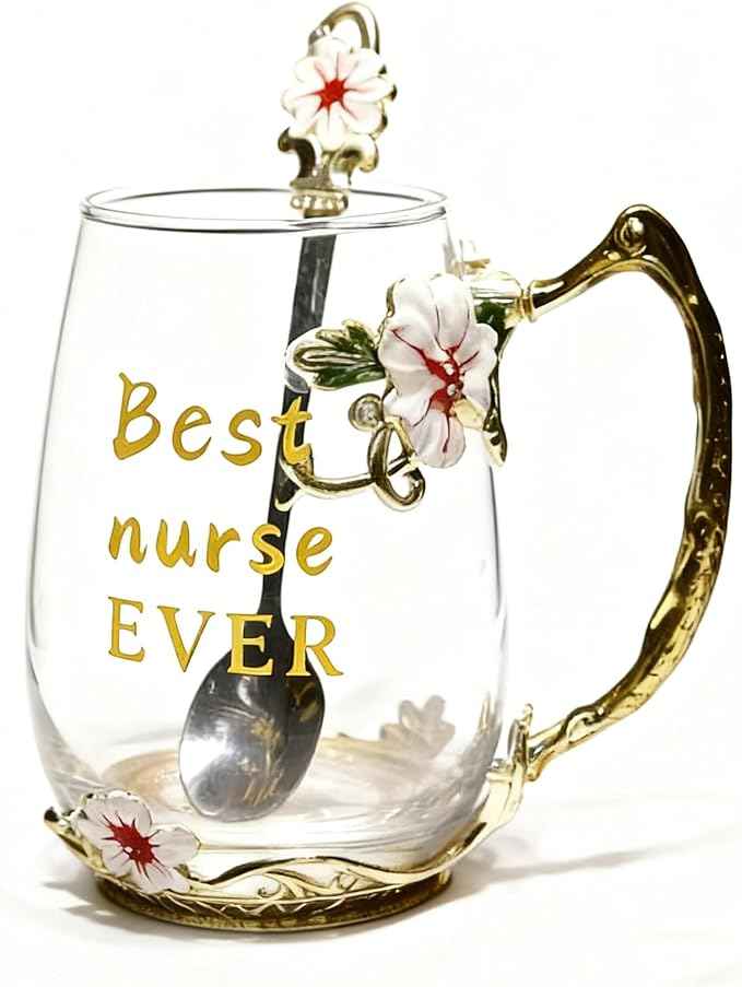 National Nurses Day Flower Glass Cup with Unique Flower Printing and Spoon - Ideal Nurse Christmas Gift (Nurse)