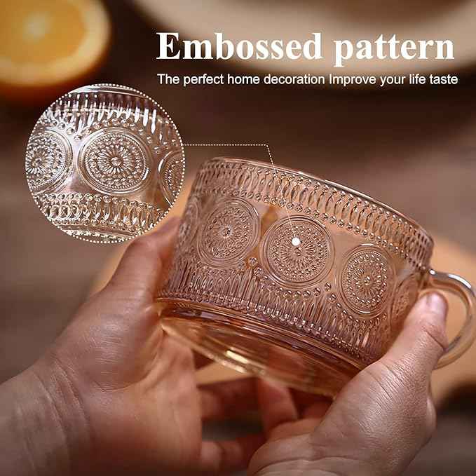 Vintage Glass Coffee Mugs Set of 2 Amber, Embossed Tea Cups with Bamboo Lids and Spoons, 14 Oz Glass Breakfast Cups for Cappccino, Latte, Yogurt, Dessert, Breakfast, Mothers Day Gifts