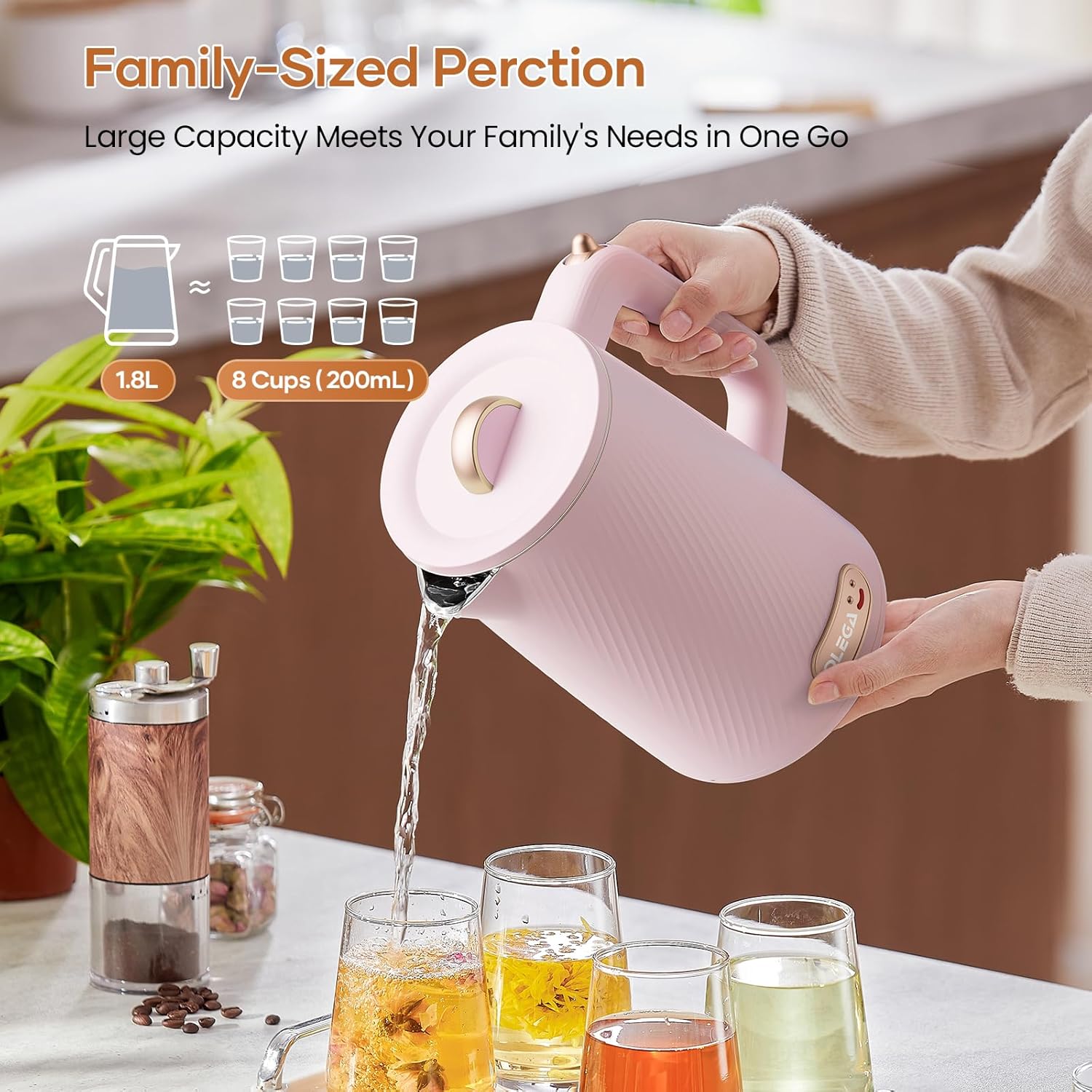 OLEGA Electric Kettle - 1500W Electric Tea Kettle 1.8L Stainless Steel Inner Electric Kettles for Boiling Water Auto Shut Off Boil-Dry Protection Electric Water Kettle for Coffee Tea Pink