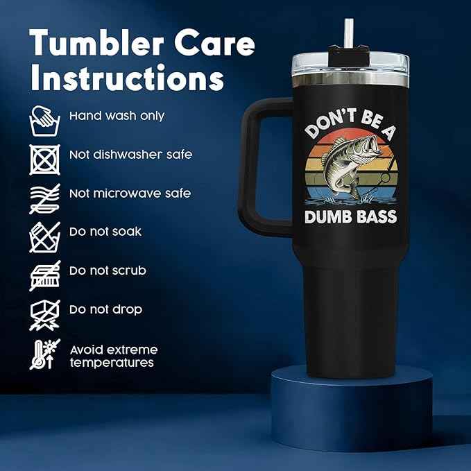 34HD Funny Fishing Tumbler 40oz with Handle Lid and Straw, Don’t Be a Dumb Bass Insulated Travel Coffee Cup, Father’s Day Gift for Men & Papa, Outdoorsman Fisherman Birthday Present