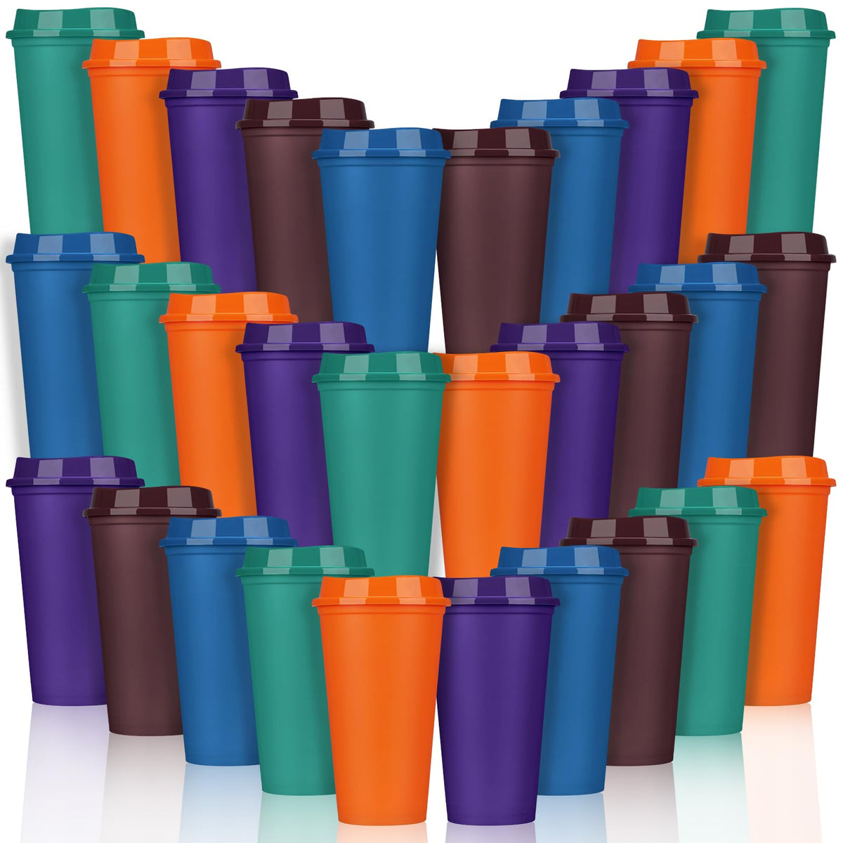 Set of 30 colorful reusable plastic coffee cups with lids