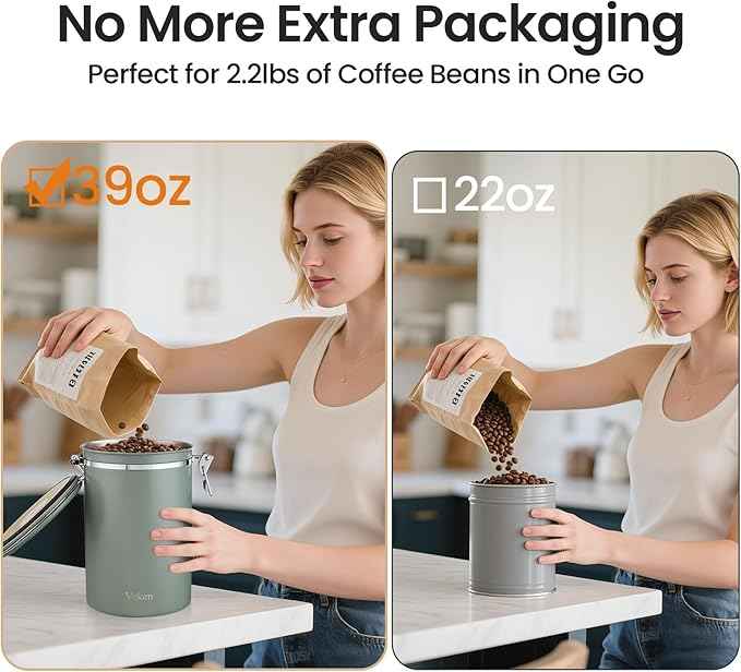 Veken Coffee Canister, 39OZ Large, Airtight Stainless Steel Food Storage Container for 2.2lbs Coffee Beans, Ground, Sugar, Tea, Flour, Cereal, Kitchen Bar Accessories with Date Tracker & Scoop, Green
