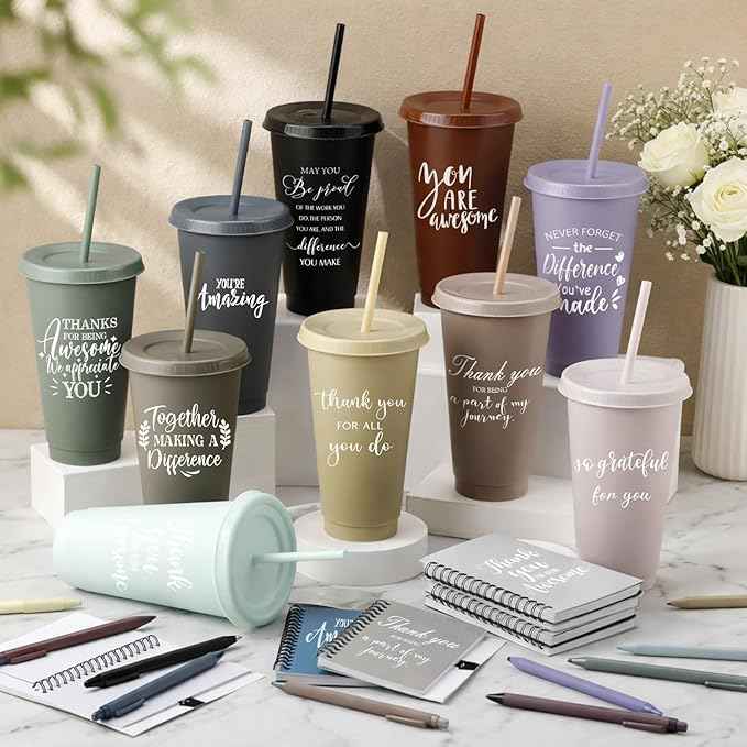 Shellwei 60 Pcs Employee Appreciation Gifts Bulk 24 oz Thank You Tumbler with Lid and Straw Mini Spiral Notebooks and Pens Appreciation Gifts for Team Employee Coworkers Teacher (Awesome)