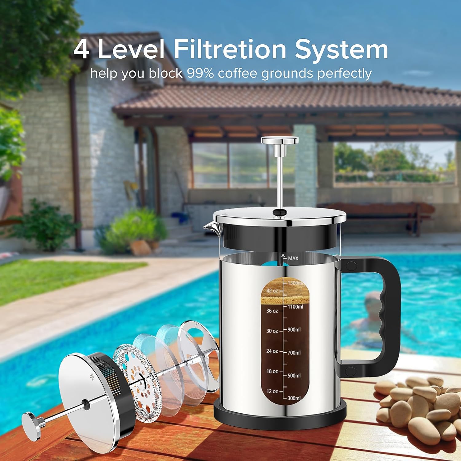 QUQIYSO French Press Coffee Maker 51oz 304 Stainless Steel French Press with 4 Filter, Borosilicate Glass Coffee Press - Blissbrew