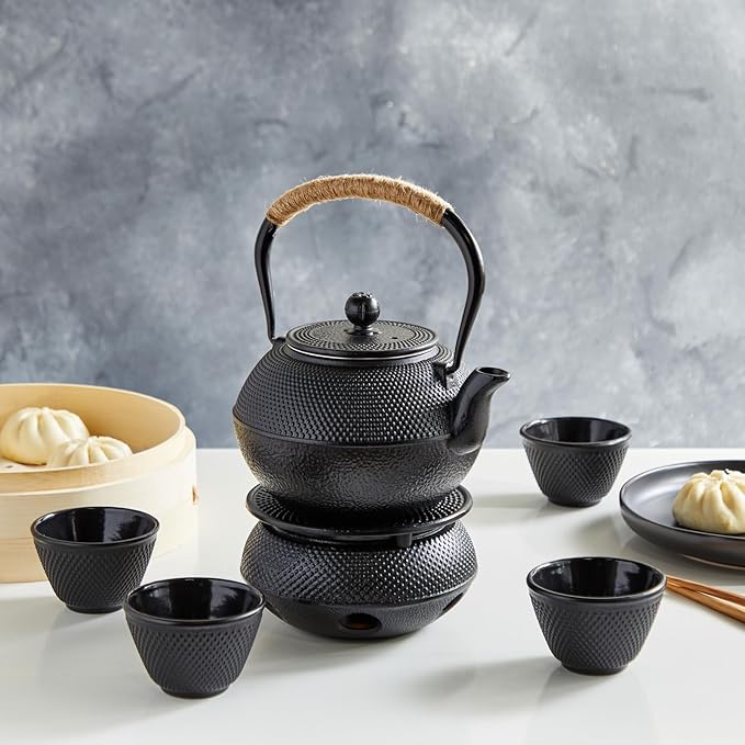 Juvale Tea Kettle Stovetop Japanese Cast Iron Tetsubin - 40 oz, Black - Cast Iron Tea Set & Teapot with Loose Leaf Infuser, Warmer & 4 Cups, Trivet