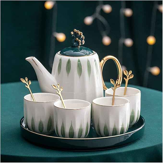 Iced Tea Pitchers Ceramic Luxury Tea Set Household Flower Tea Pot Water Kettle Cup Set Teaware 1 Teapot 4 Cups with Tray for Wedding Gift for Home Kitchen coffee cup