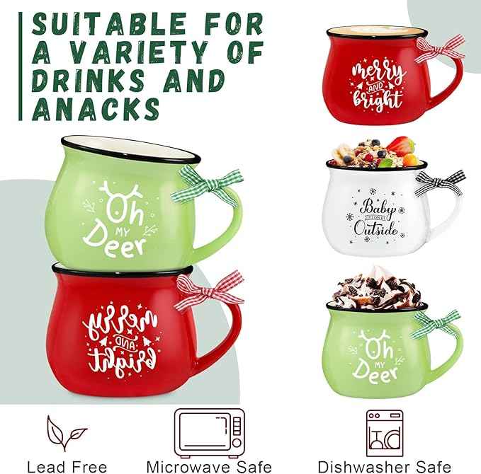 Christmas Coffee Mug Set of 6, 12 oz Hot Cocoa Ceramic Coffee Mug, Stackable Mugs as Christmas Gift for Mom Woman Family Friends Colleagues