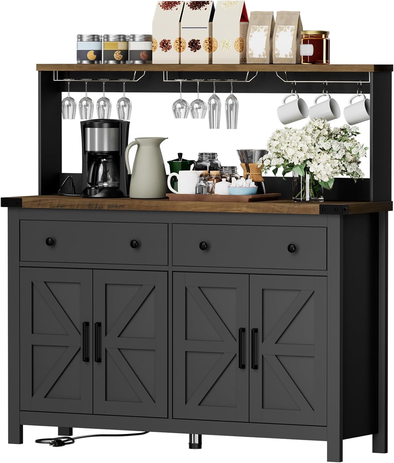 Hutch Storage Cabinet Buffet with Drawers, and Charging Station, Coffee Bar Cabinet with Barn Doors, Wine Rack and Hooks, Countertop, Long Farmhouse, Black, for Kitchen, Dining Room, 54.1