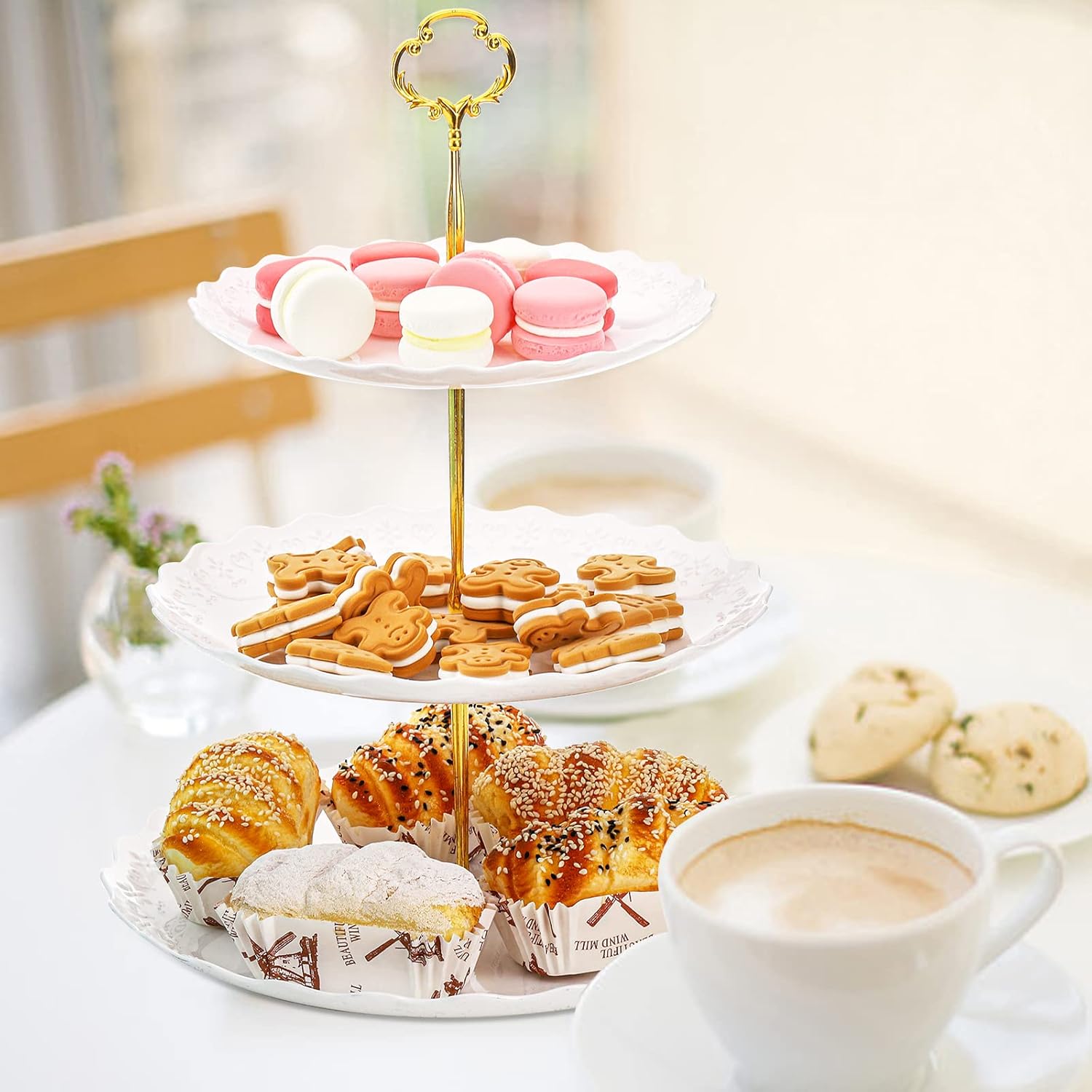 Tosnail 3-Pack 3-Tiers White Plastic Cupcake Stand, Dessert Serving Trays, Party Serving Tray Fruit Pastry Holders Catering Tray for Wedding, Party, Gathering - Round with Gold Rod