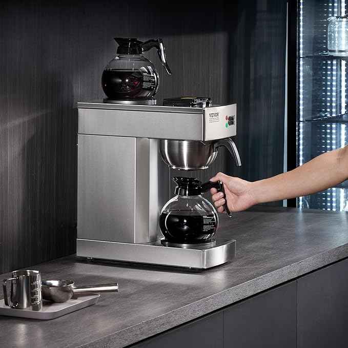 VEVOR 12 Cups Commercial Drip Coffee Maker, Coffee Maker Machine with 2 Glass Carafes and 2 Warmer Plates, Stainless Steel Pour Over Coffee Brewer for Restaurant, Office, Cafe