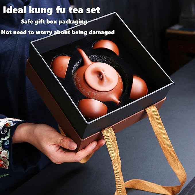 Zisha Teapot Teacup Set, 6 oz Chinese Yixing Purple Clay Tea Pot with 4 Clay Tea Cups, Hand-carved Chinese Characters Kung Fu Infuser Tea Kettle for Loose Leaf Portable Travel Tea Sets
