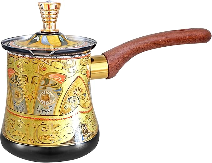 Turkish Arabic Coffee Pot with Wooden Handle,Stove Top Water Boiler, Coffee Maker, Butter, Chocolate & Milk Warmer,Even and Quick Heat with Handcrafted Metal Material (Black and Gold)