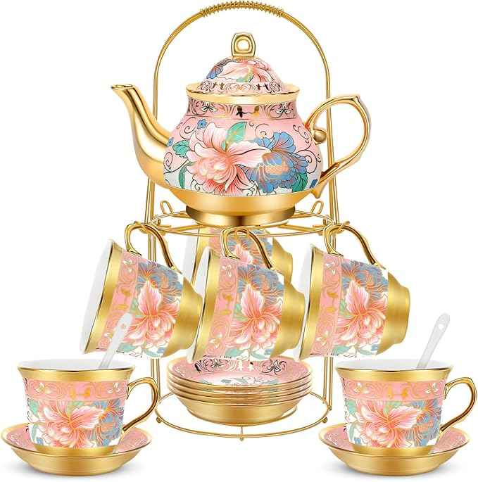 20 Pcs Porcelain Tea Set for Adults with Metal Holder and Spoon European Ceramic Tea Party Set Flower Painting Teapot Cup Saucer for Christmas Women Gifts, Serving 6 People(Fresh)
