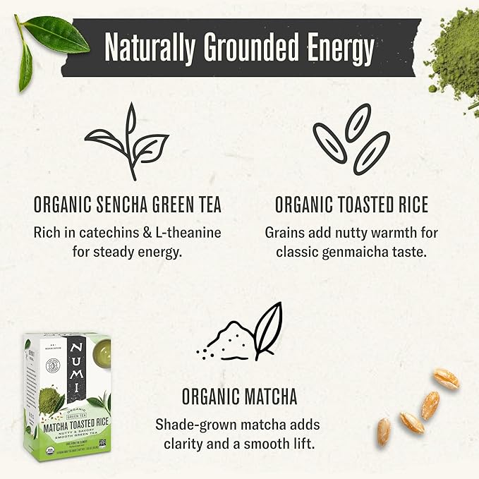 Numi Organic Matcha Toasted Rice Tea, 18 Green Tea Bags Micro-Plastic Free