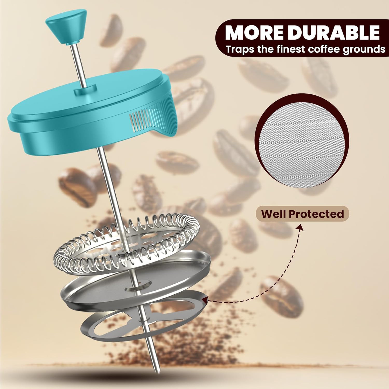 Utopia Kitchen French Press Espresso and Tea Maker with Triple Filters, Stainless Steel Plunger and Heat Resistant Borosilicate Glass (Aqua, 34-oz (Pack of 1)) - Blissbrew