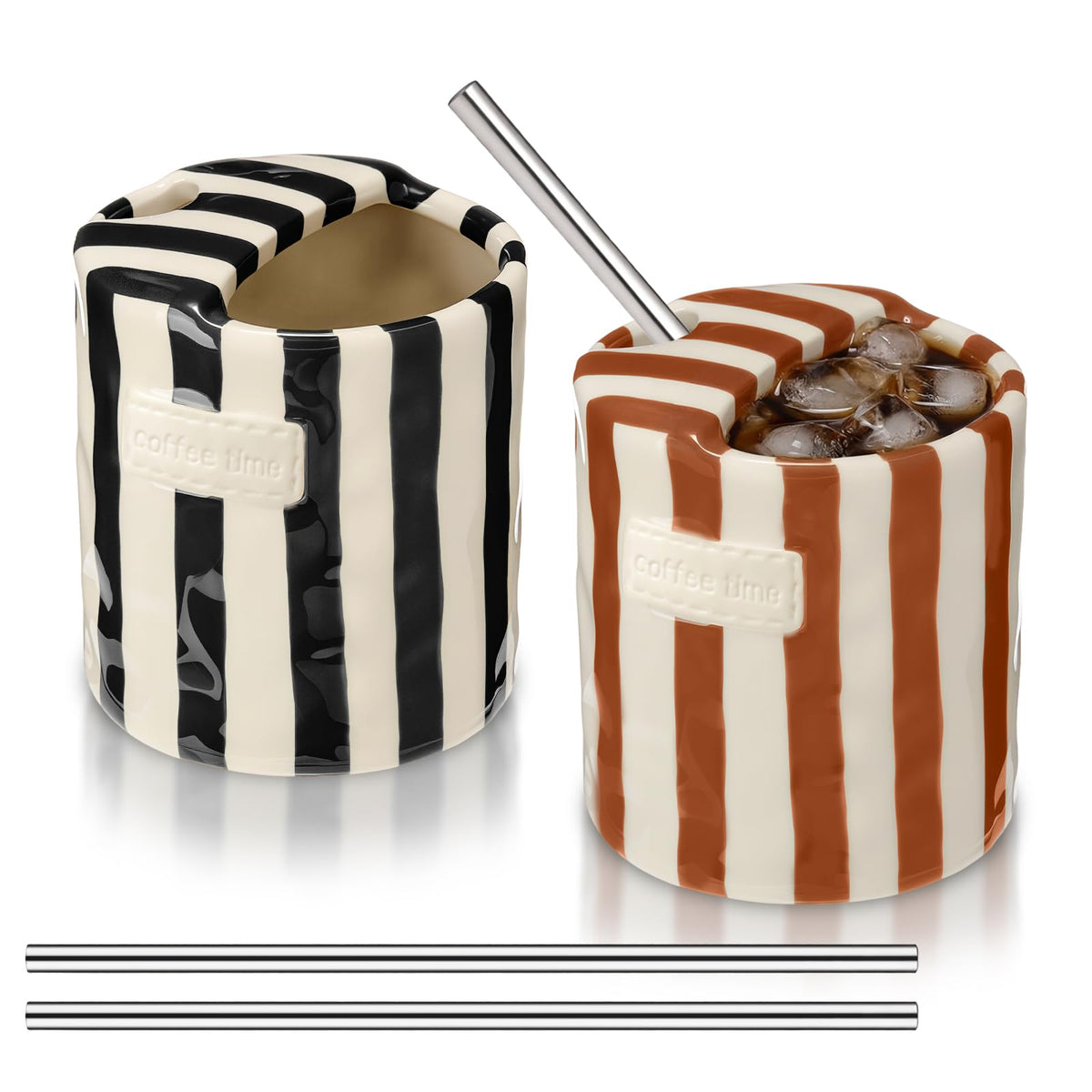Set of two ceramic mugs with sip hole and straws