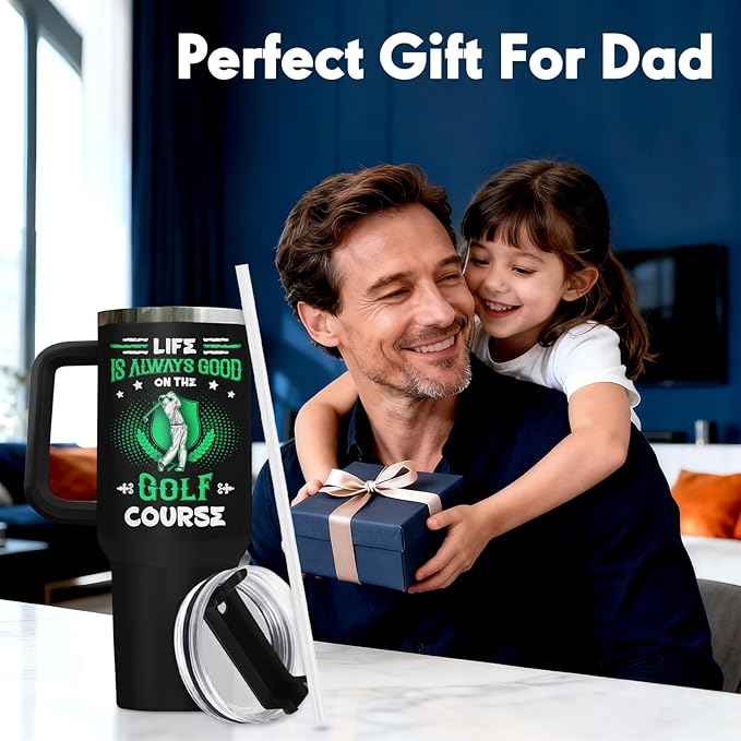 34HD Cool Golfer Tumbler 40oz with Handle and Straw, Life is Always Good on the Golf Course Insulated Travel Coffee Mug, Retirement Birthday & Father's Day Gifts for Dad, Uncle & Grandpa