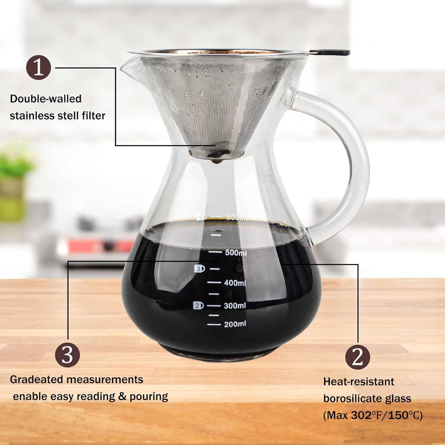 T-mark Pour Over Coffee Maker with Reusable Double-layer Stainless Steel Filter, 600ml/20oz BPA-Free Glass Coffee Carafe, Glass Coffee Maker, Coffee Dripper Brewer - Blissbrew