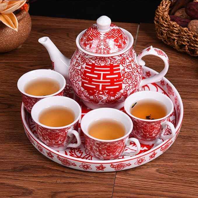 Chinese Tea Gift Set Service Porcelain Tea Pot 4 Cups tray for Adults Men Women Tea Ceremony Wedding Party Home Decor (Double Happiness（Chinese xi）)