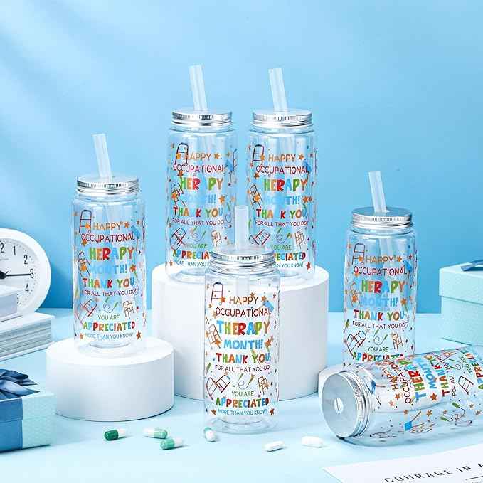 Vesici 24 Pcs 14.2oz Occupational Therapy Month Gifts Tumbler with Lid and Straw Plastic Reusable Tumbler Bulk Inspirational Gifts Cold Drinking Cup for Women Men Coworker Stuff