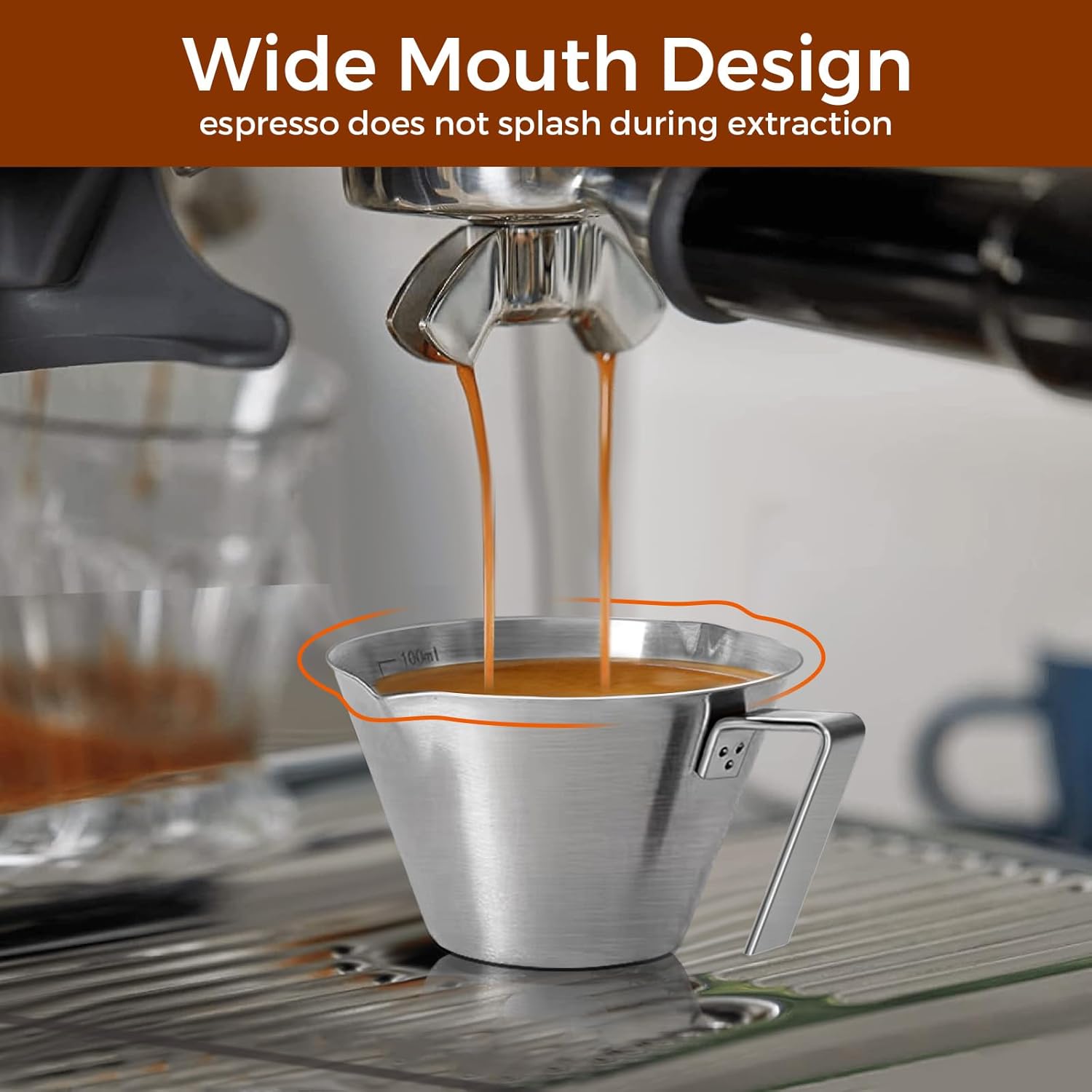 4Pcs Stainless Steel Espresso Cups, Double Spout Metal Espresso Measuring Cup with Handle, Dual Scale Espresso Shot Cup with V-Shaped Mouth, 3.4oz/100ml (Silver)