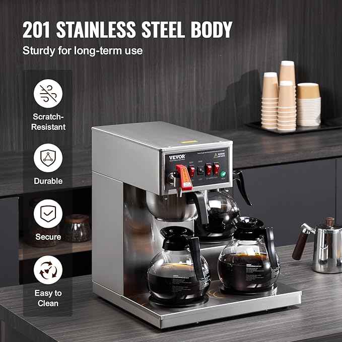 VEVOR 12 Cups Commercial Drip Coffee Maker, Coffee Maker Machine with 3 Glass Carafes and 3 Warmer Plates, Stainless Steel Pour Over Coffee Brewer with Auto Water Intake, for Restaurant Office Cafe