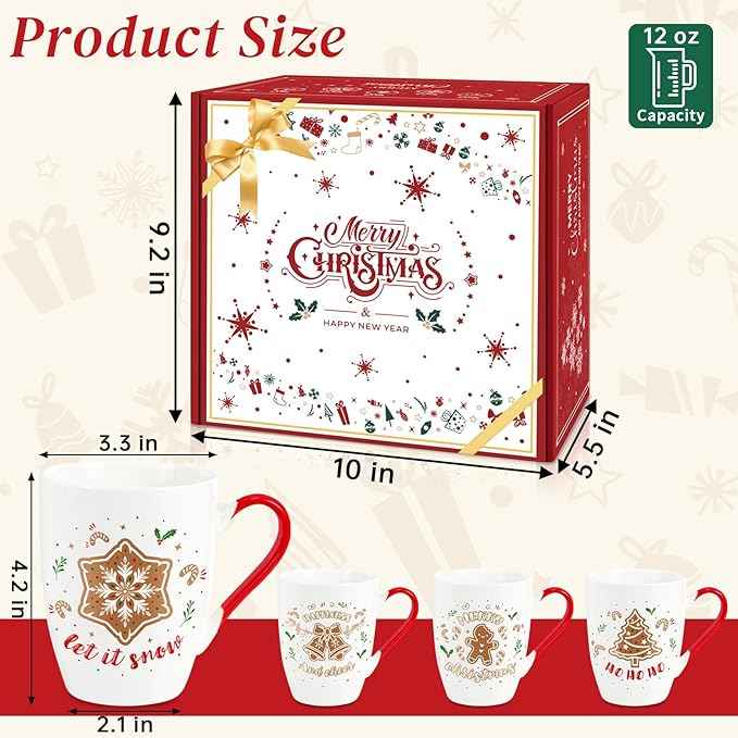 Christmas Coffee Mug Set of 4, 12 oz Gingerbread Man Coffee Mug with Handle, Hot Cocoa Ceramic Mugs with Gift Box for Mom Woman Family Friends Colleagues