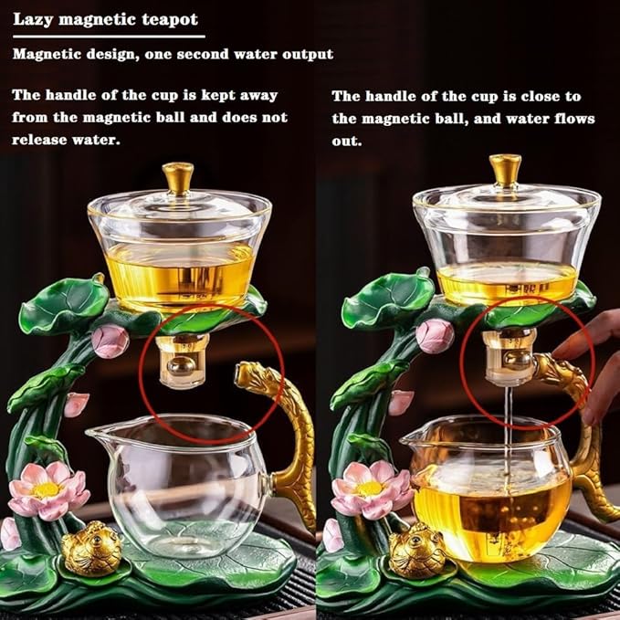 Lazy Kungfu Glass Tea Set Heat Resistant Semi Automatic Drip Rotating with Infuser Magnetic Teapot Set for Gongfu Tea Making Ideal (Lotus Fish)