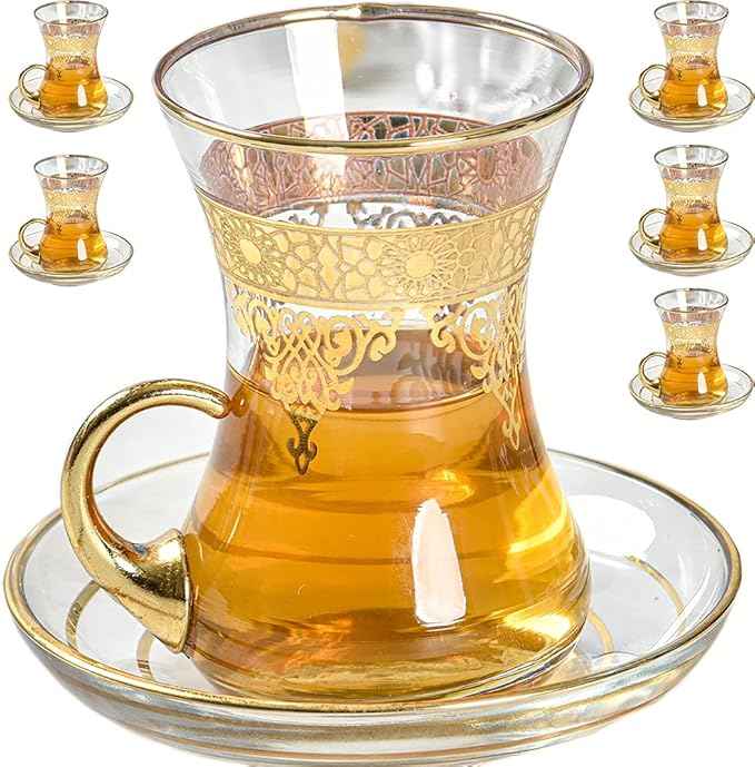 Gold Turkish Arabic Moroccan Tea Glasses Cups Set of 6 and Saucers Glassware Drinking Women Party Fancy Drinkware Style Vintage Persian Kitchen Decor Drinks