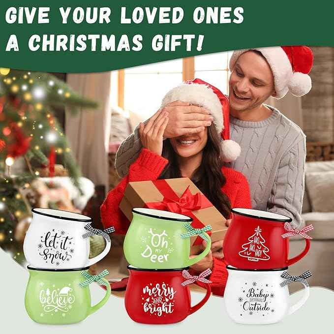 Christmas Coffee Mug Set of 6, 12 oz Hot Cocoa Ceramic Coffee Mug, Stackable Mugs as Christmas Gift for Mom Woman Family Friends Colleagues