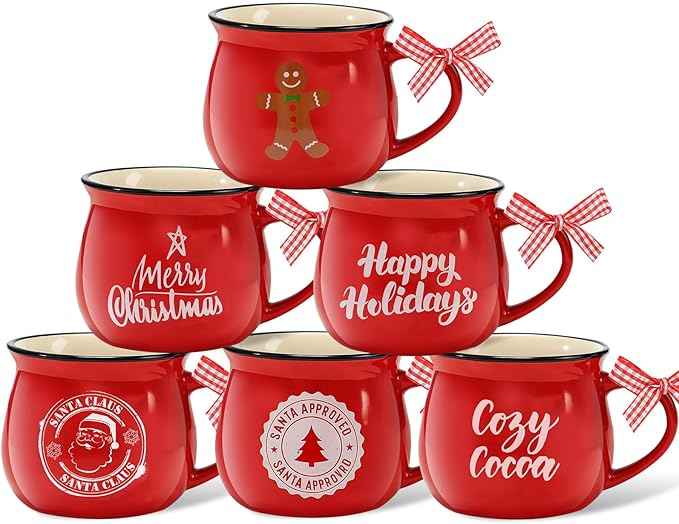 Sawysine Christmas Coffee Mugs Set of 6, 12 oz Ceramic Mug Gift Holiday Hot Cocoa for Family Mom Woman Friend Farmhouse (Gingerbread Man Style)