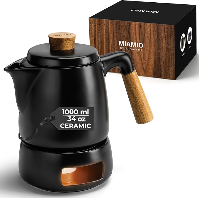 MIAMIO - Teapot Set with Warmer / 34 oz Tea Kettle with Infuser for Steeping Loose Tea Leaves - Gift for Women/Tea Lovers (Black)