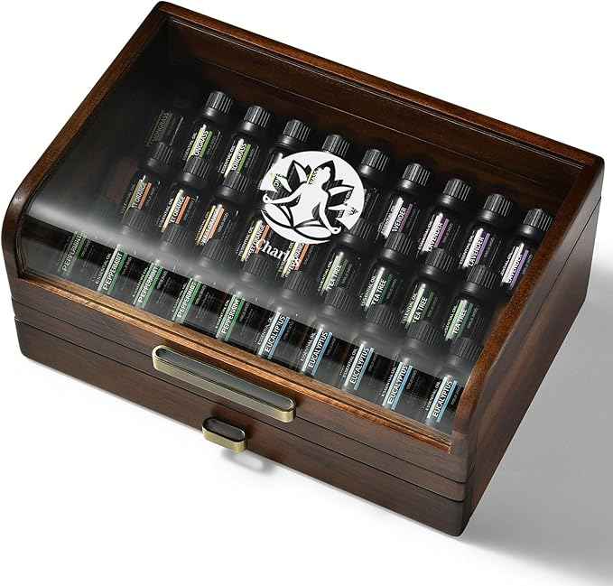 Shanik Acacia Wood Essential Oil Storage Box with Drawer & Clear Lid – Engraved Aromatherapy Organizer, 29 Bottle Display Case, Personalized Wooden Essential Oil Holder Gift for Women & Men