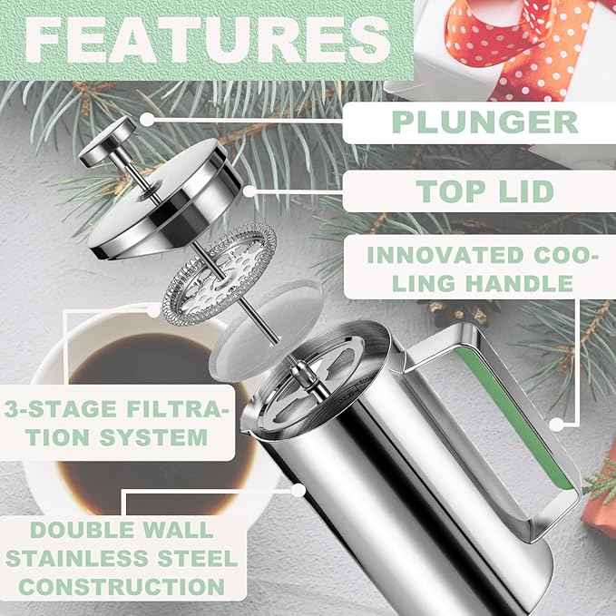 Stainless Steel French Press Coffee Maker 21OZ(0.6 Litre), Camping Coffee Press with Green Handle for Personal, Office, Travel(Sanding Silver, 1-3 Cups)