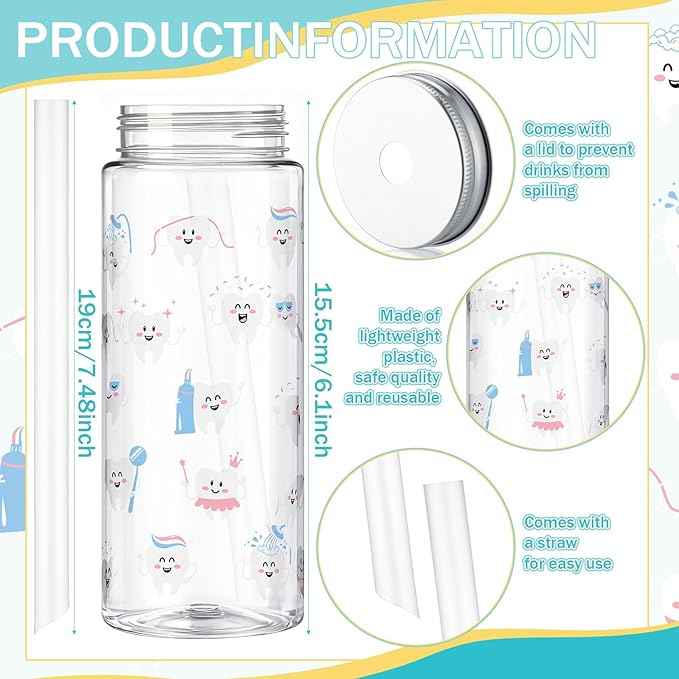 Vesici 12 Pcs Dental Assistants Gift 14.2oz Tooth Tumbler with Lid and Straw Dental Hygienist Assistants Plastic Reusable Tumbler Tooth Gift Cold Drinking Cup for Women Men Coworker