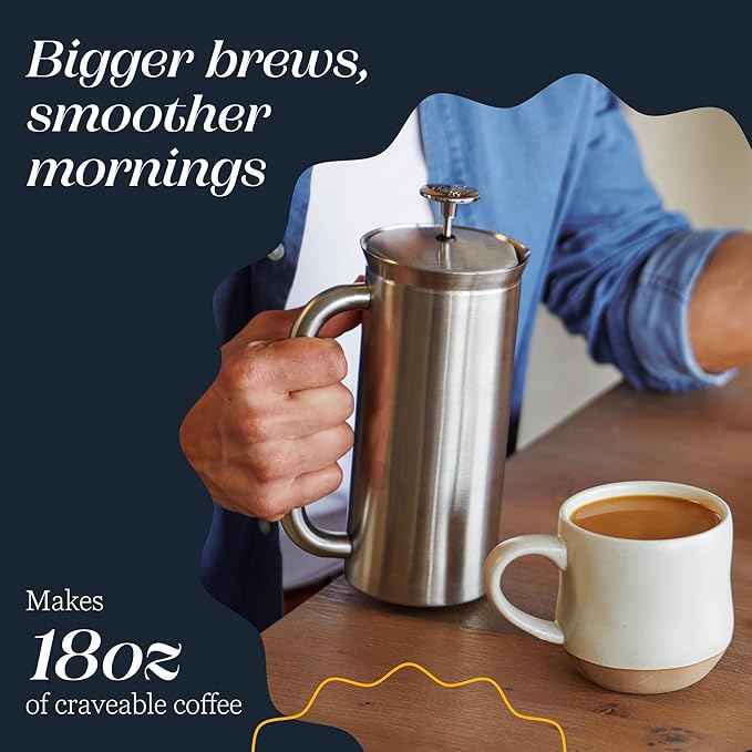 ESPRO P7 Brushed Stainless Steel French Press 304 – Patented Double Walled Micro-Filter Insulated French Press Coffee Maker, Grit-Free Brew - Heat Resistant BPA Free (18oz)
