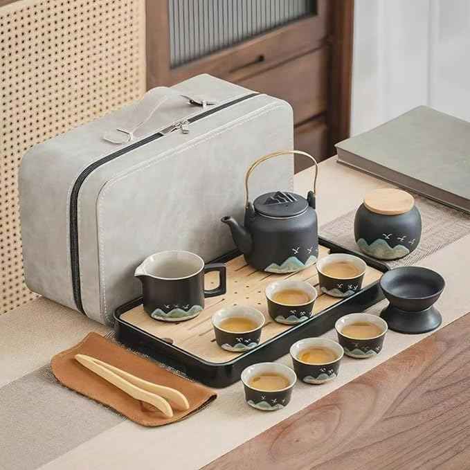 Chinese Gongfu Tea Set, 15-Piece Ceramic Tea Service with Teapot, 6 Cups, Storage Jar, Tea Tray, Black and Teal Mountain Design with Gray Travel Case