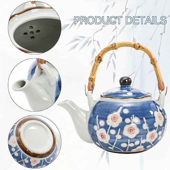 Japanese Tea Set, Ceramic Floral Tea Pot and 4 Pieces Cups with Infuser Bamboo Handle, Traditional Bone China Teapot Kit Gift for Coffee, Water, Home, Office