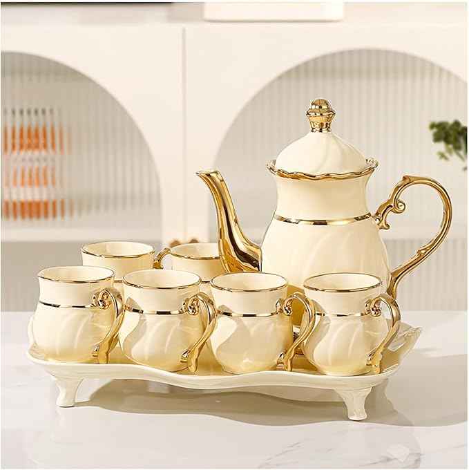 Adult Tea Set, Luxury English Teacup Set, Exquisite Ladies Tea Set (6 Cups + 1 Pot + 1 Tray) With Gift Box Packaging (yellow)