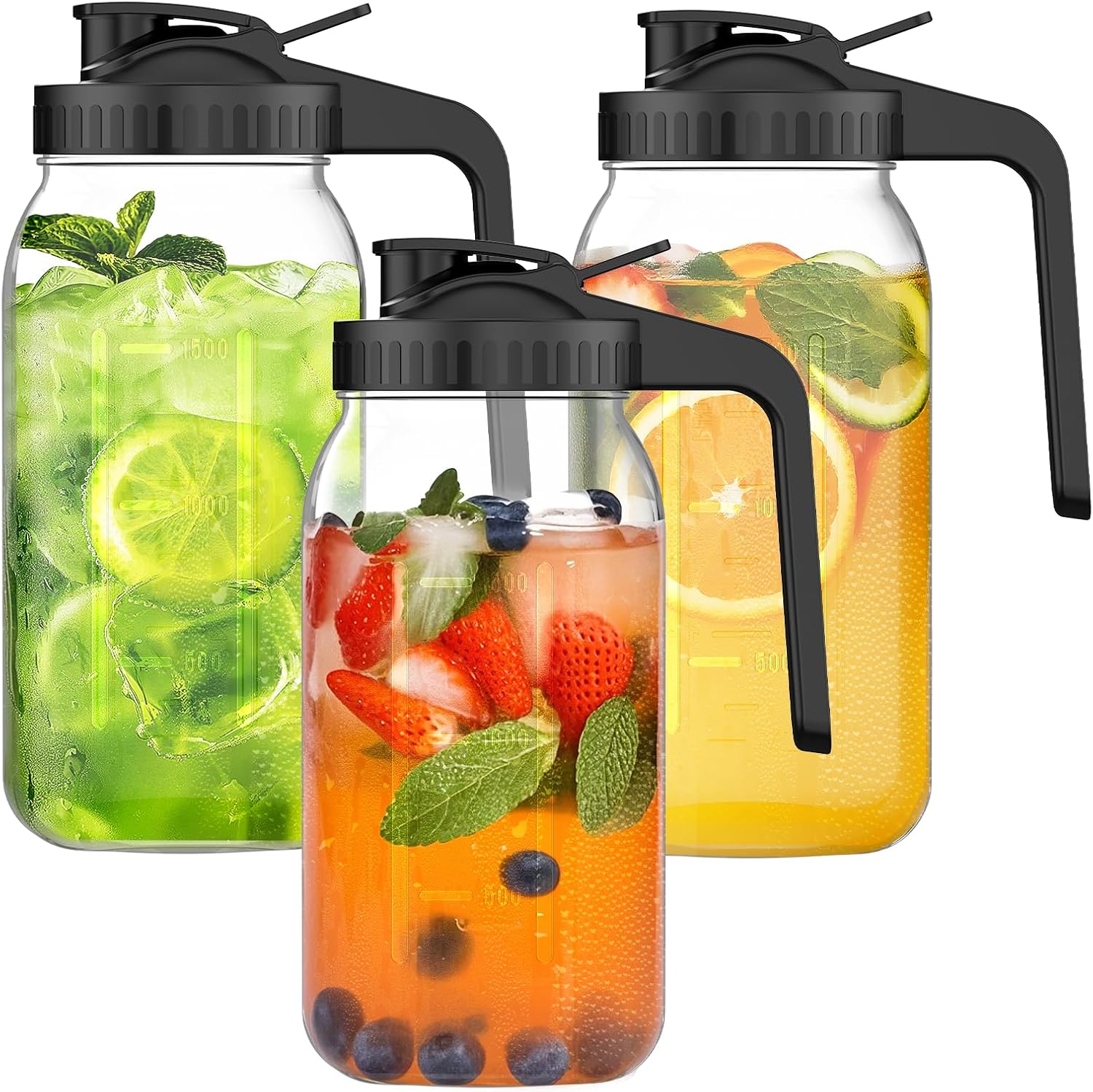 3-Pack 64oz Glass Mason Jar Pitchers with Leak-Proof Lids and Handles – Wide Mouth Design for Sun Tea, Cold Brew, Lemonade, Juice, Iced Tea, and Water