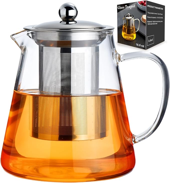 Baalaka Glass Teapot 18.6oz/550ml, Tea Pot with Removable Infusers for Loose Tea, Borosilicate Glass Tea Kettle Tea Maker Stovetop for Camping, Tea Infuser for Loose Leaf Tea Travel