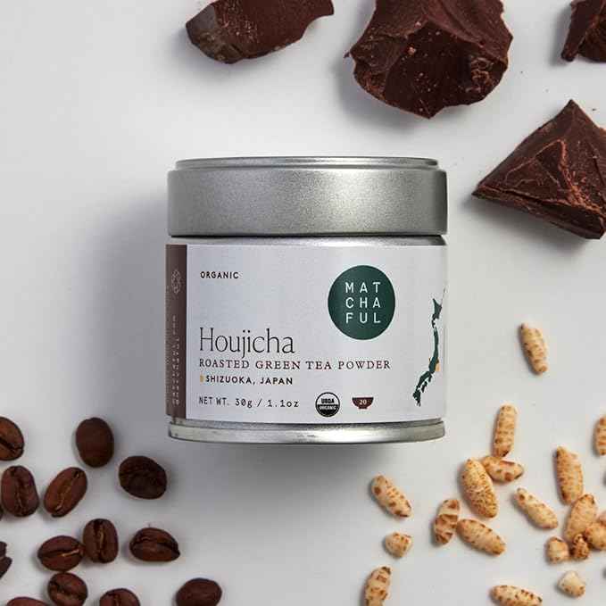 Matchaful Houjicha Powder - Organic Roasted Green Tea Powder - Smooth and Earthy with Flavor Notes of Coffee, Puffed Rice, Cacao - Enjoy Hot or Iced - 100g Bag