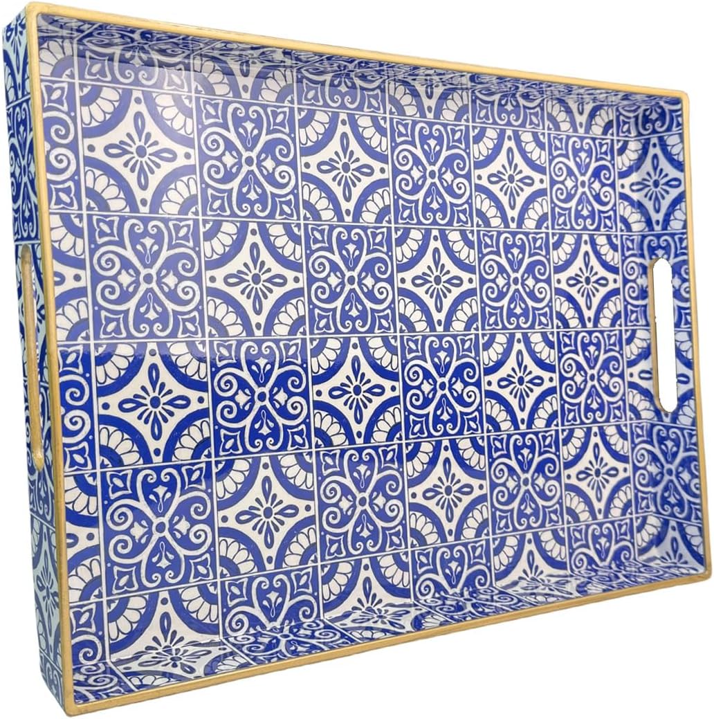 Serving Tray with Handles, Rectangular Decorative Trays for Coffee Table, Plastic Ottoman Tray for Living Room, Decor, Boho Blue, 15.7”*11.8”*1.6