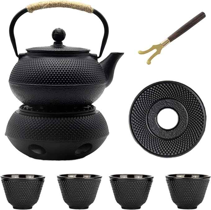 20.3oz Small Cast Iron Teapot Set with Warmer, Japanese Black Tea Kettle for Stovetop Safe, Teapot and Cups Set, Tea Pot with Stainless Steel Infuser for Loose Tea(600ml)