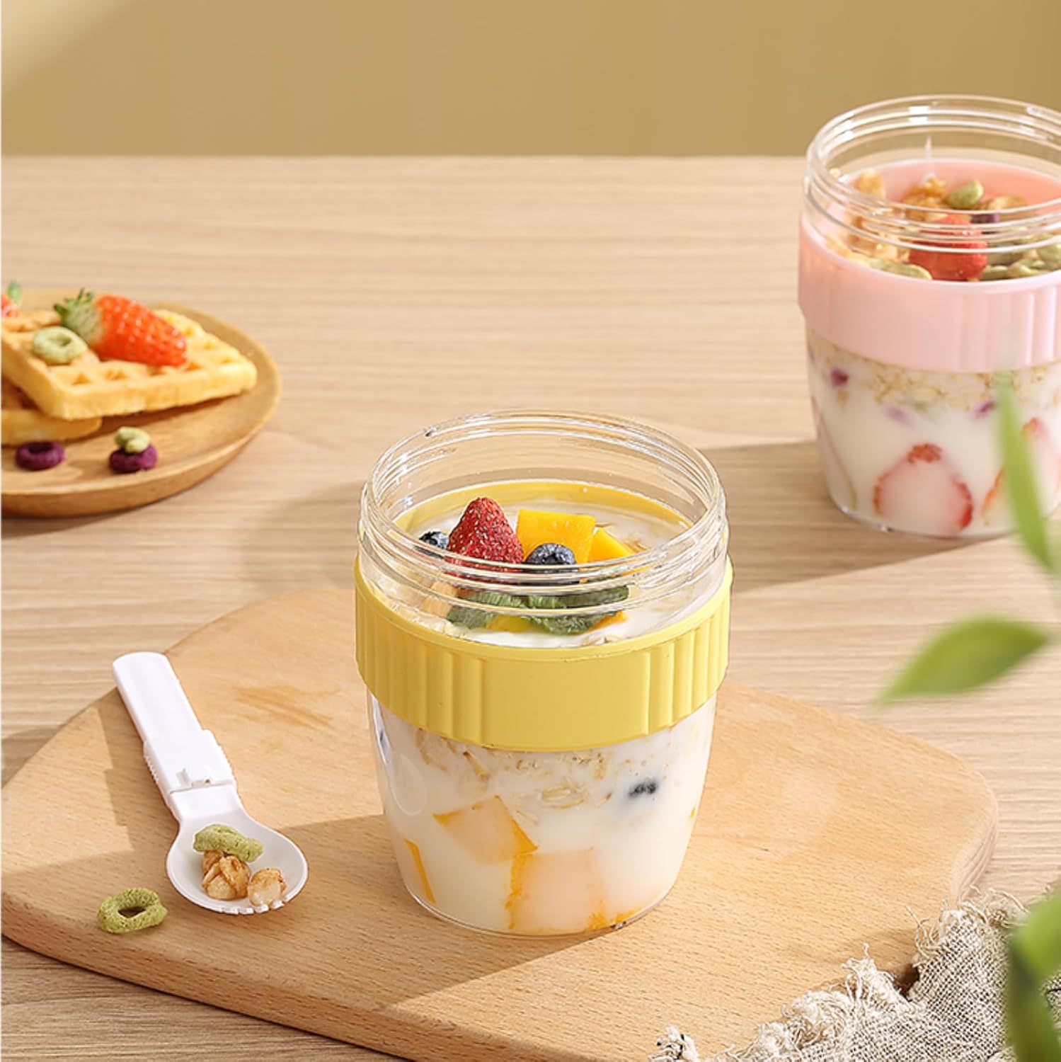 Breakfast On The Go Cups, Overnight Oats Containers With Lid And Folding Spoon, Take And Go Yogurt Cereal Snack Parfait Salad Containers For Lunch, Fruit & Vegetable Jar, 20 oz(Green) - Blissbrew