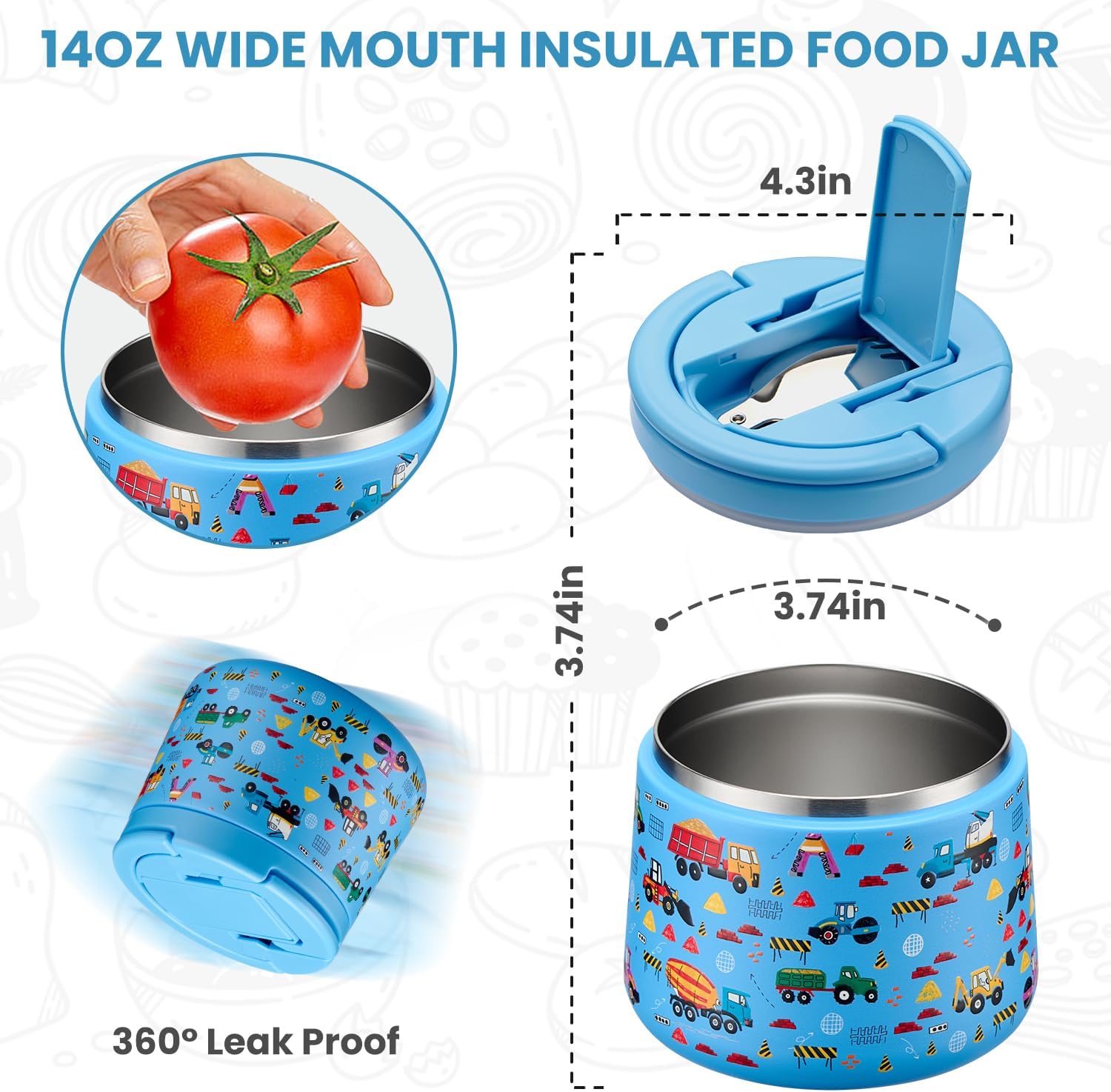 Soup Thermo for Hot Food Kids 14oz Lunch Containers with Buckle Lid Wide Mouth Hot Food Jar Vacuum Insulated Stainless Steel Bento Box Leakproof with Spoon (Truck) - Blissbrew
