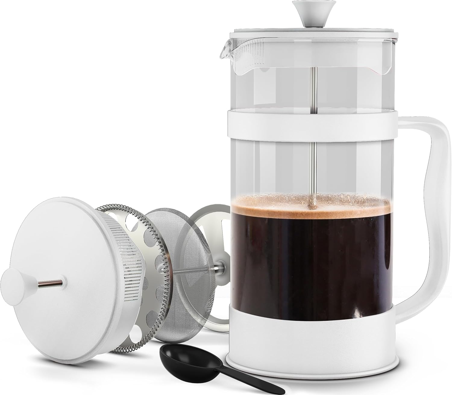 Utopia Kitchen French Press Espresso and Tea Maker with Triple Filters, Stainless Steel Plunger and Heat Resistant Borosilicate Glass (White, 34-oz (Pack of 1)) - Blissbrew